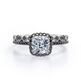 Pave-Accented Halo 1.6 TCW Cushion Cut Moissanite with Lab Created Black Diamond Milgrain Filigree Wedding Ring Set in Rose Gold