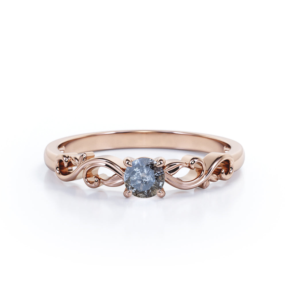 Unique Solitaire .50 Carat Round Cut Dark Grey Galaxy Salt and Pepper Diamond Nature-Inspired Art Deco Engagement Ring in White Gold