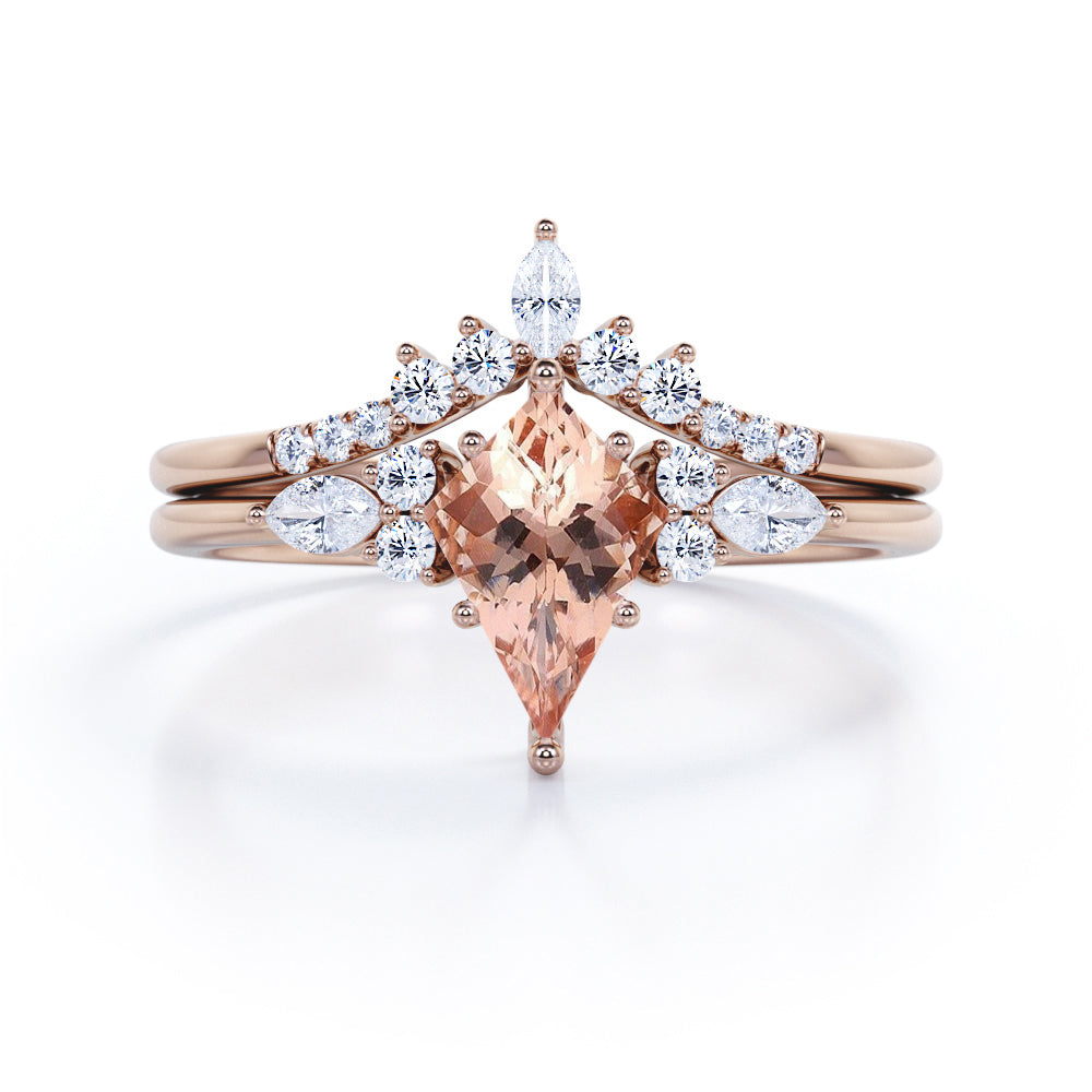 Fashionable 0.65 carat Kite Morganite and Moissanite Bridal Ring Set in White Gold