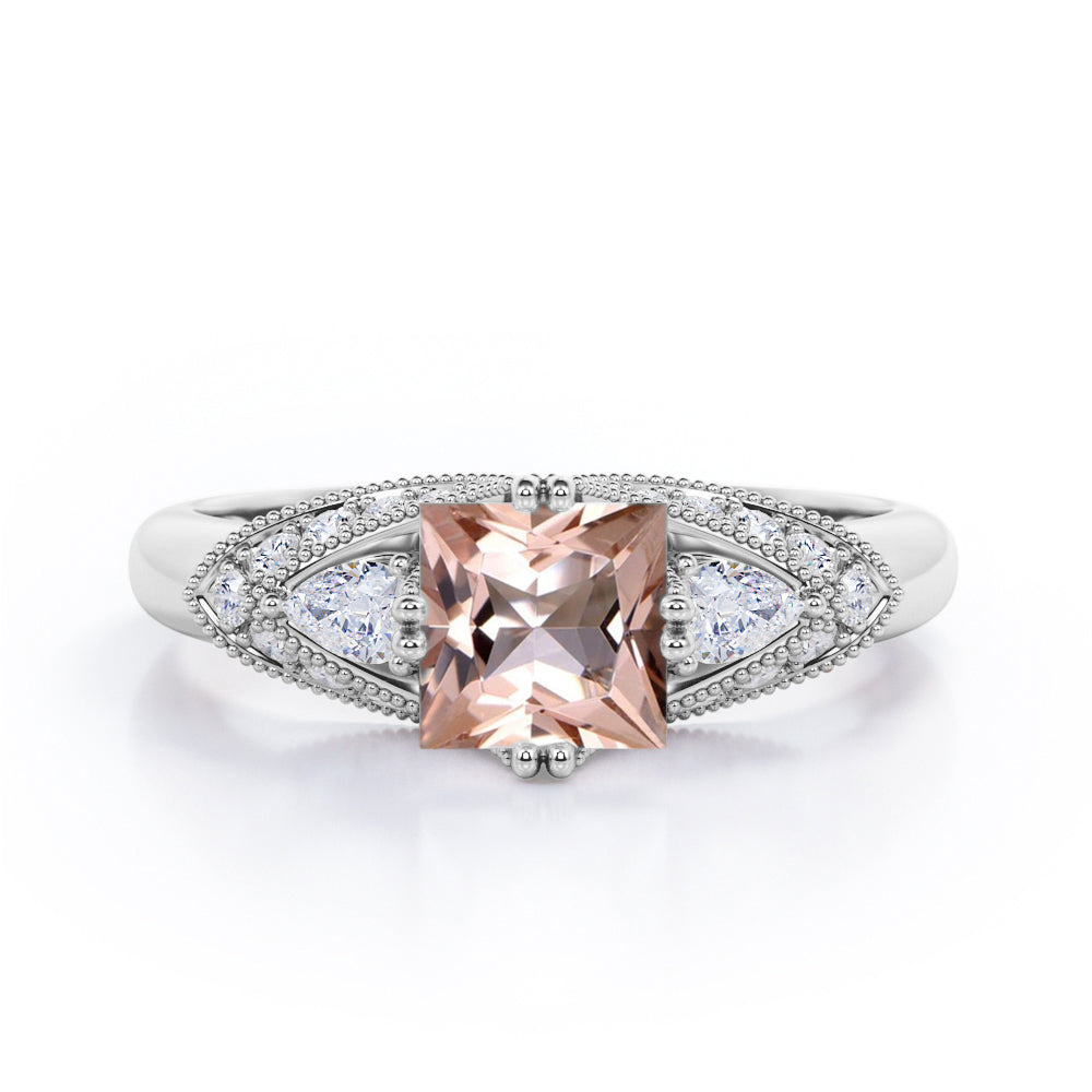 Vintage Eight Prongs 1.30 Carat Princess Cut Morganite And Diamond Marquise Framed Beaded Engagement Ring In Rose Gold