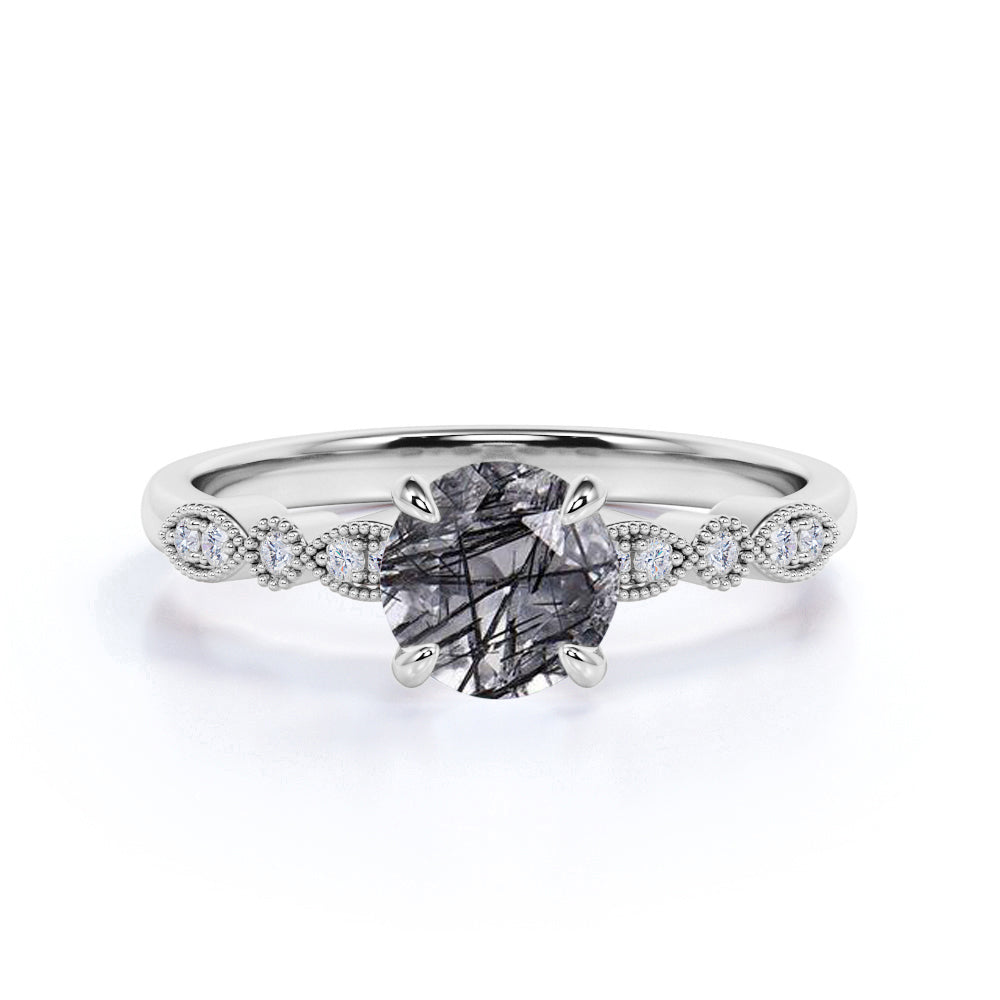 Classic Four Claw Prong 1.50 Carat Round Cut Smokey Black Grey Rutilated Quartz and Diamond Art Deco Engagement Ring