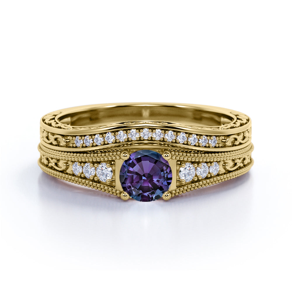 Antique Art Deco 1.50 Carat Round Cut Lab Created Purple Alexandrite with Diamond Milgrain Filigree Wedding Ring Sets - Bridal Set Rings in Rose Gold