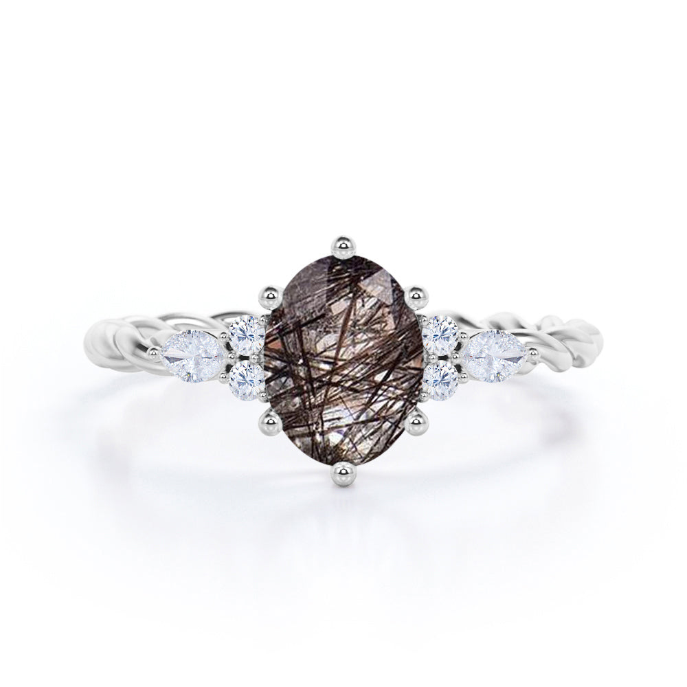 Unique Six Prong 1.35 Carat Oval Cut Druzy Black Hair Rutilated Quartz And Diamond Seven Stone Rolled Band Engagement Ring In Rose Gold