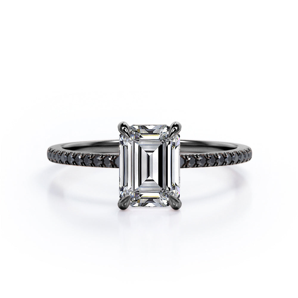 Four Prong - 1.25 TCW Emerald Cut Moissanite with Lab Created Black Diamond - Engagement Ring with Pave Accents in White Gold
