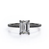 Four Prong - 1.25 TCW Emerald Cut Moissanite with Lab Created Black Diamond - Engagement Ring with Pave Accents in White Gold