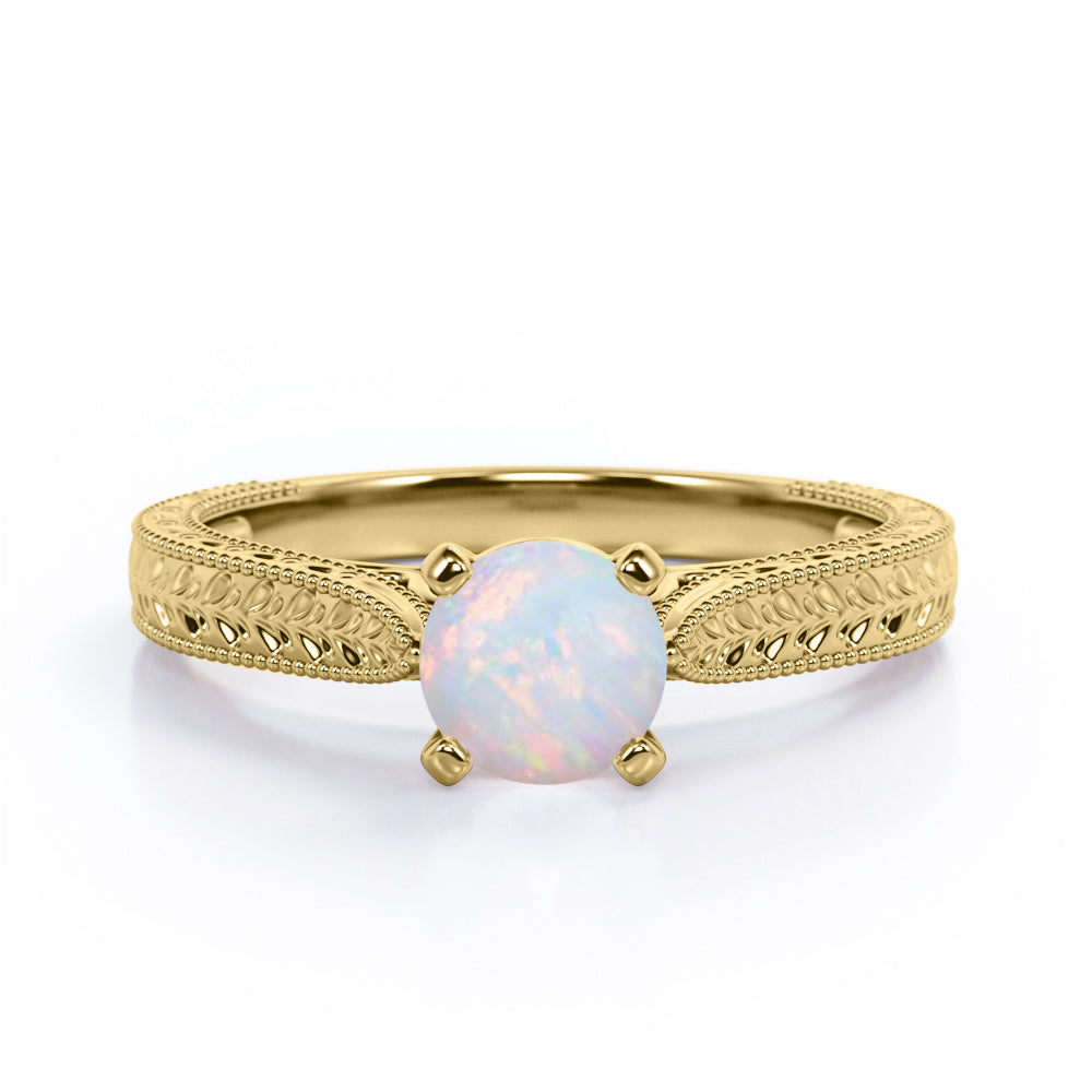 Vintage Art Deco 1 Carat Round Cut Genuine Opal Four Prong Solitaire Engagement Ring In Rose Gold