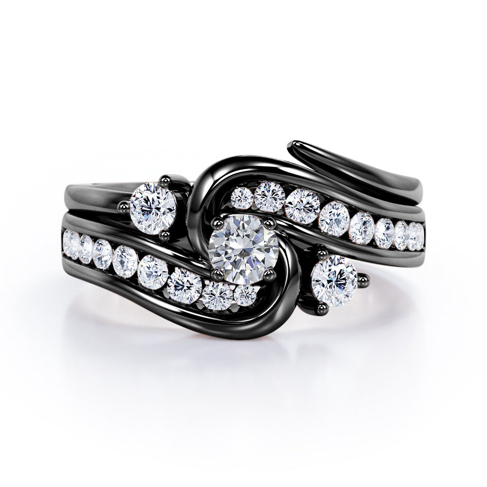 Twisted Tension - Prong 1 TCW Round Brilliant Cut Moissanite and Diamond - Flush Channel Wedding Set in White Gold