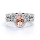 Limited Time Sale: Huge 2 Carat Pear cut Morganite and Diamond Trio Wedding Ring Set in Rose Gold