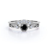 Dainty 0.75 Carat Round cut Lab Black Diamond Solitaire Bridal Ring Set in White Gold