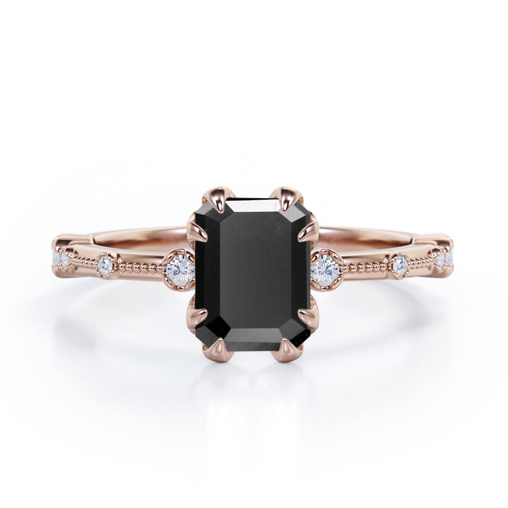 Sharp Eight Claws 1.10 Carat Emerald Cut Black Diamond Beaded Engagement Ring In White Gold