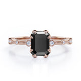 Sharp Eight Claws 1.10 Carat Emerald Cut Black Diamond Beaded Engagement Ring In White Gold
