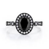 Antique Art Deco 1.35 Carat Oval Cut Black Diamond Halo Engagement Ring In Black Gold