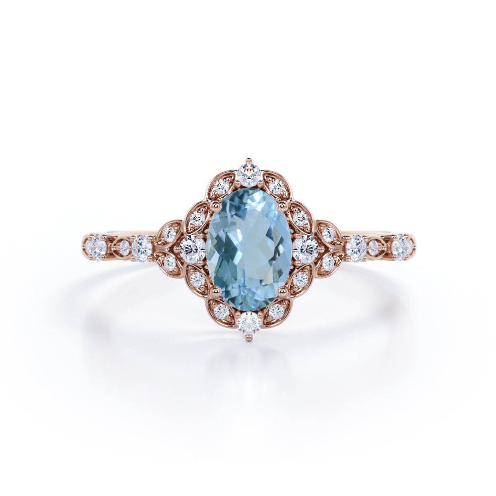 Flower Bezel Set 1.50 Carat Oval Cut Natural Sky Blue Aquamarine and Diamond Art Deco Engagement Ring