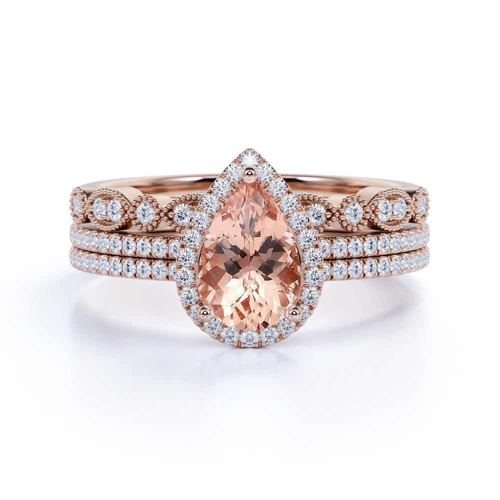 Sale: Huge 2 Carat Morganite and Diamond Flower Leaf Affordable Trio Wedding Set for Women in White Gold