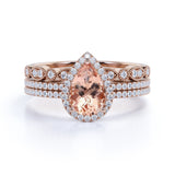 Sale: Huge 2 Carat Morganite and Diamond Flower Leaf Affordable Trio Wedding Set for Women in White Gold