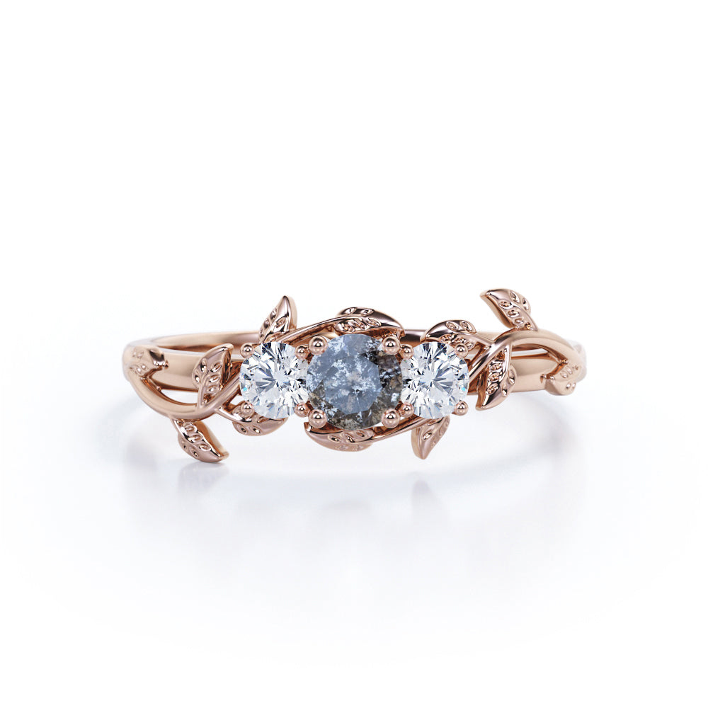 0.50 Ct Round Cut Salt and Pepper Diamond Floral Engagement Ring