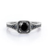 Double Prong Cluster - 1.4 TCW Round Lab Created Black Diamond - Filigree Pave Channel Engagement Ring in White Gold