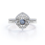 Modern Leaf Outline 5 Stone 0.85 Carat Round Cut Fancy Dark Grey Salt and Pepper Diamond and Contour Pave Band Bridal Set Rings