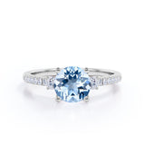 Three Stone 1.50 ct Round Aquamarine Pave Engagement Ring