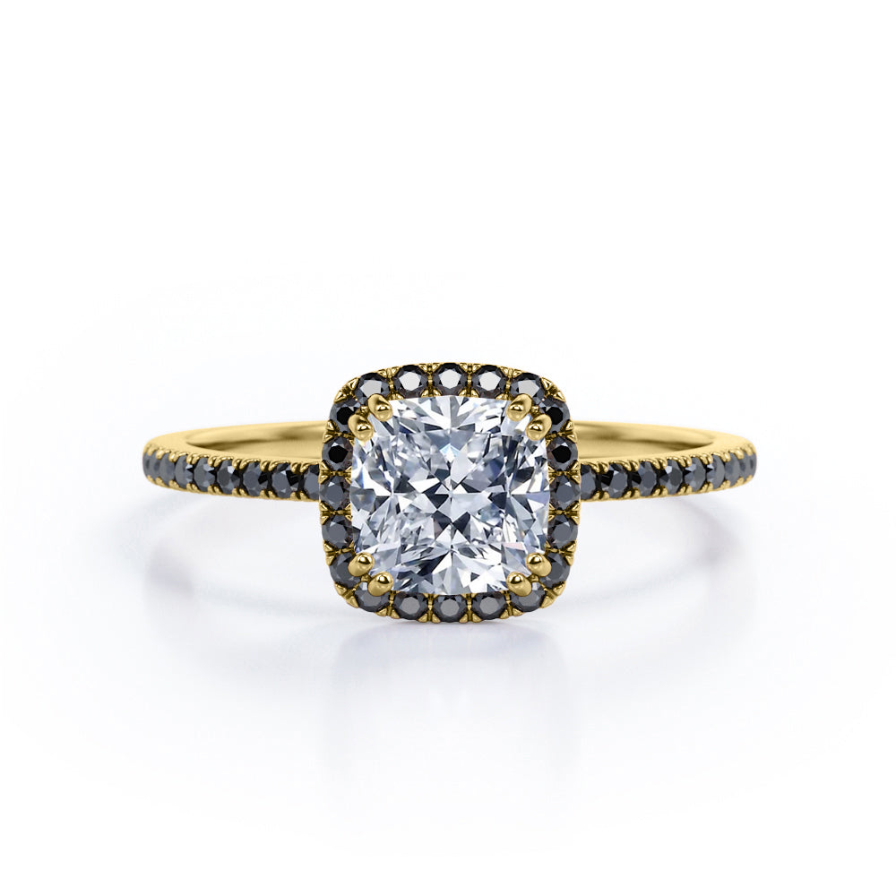 Classic Halo Setting - 1.5 TCW Cushion Cut Moissanite with Lab Created Black Diamond - Pave Style Engagement Ring in Black Gold