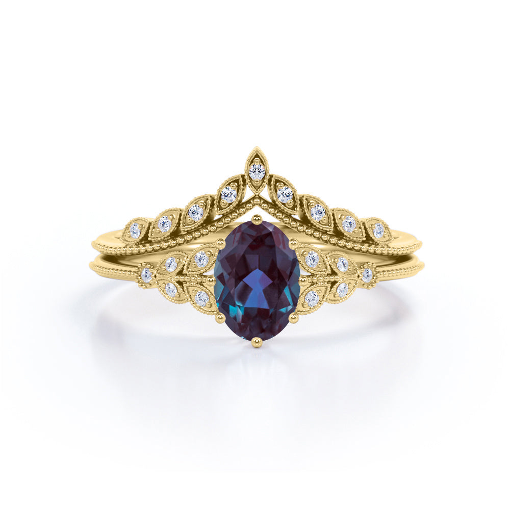 Unique Floral Design 1.50 Carat Oval Cut Lab Made Purple Alexandrite and Diamond Filigree Milgrain Wedding Ring Sets - Bridal Set Rings in White Gold for Women
