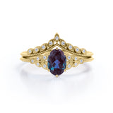 Unique Floral Design 1.50 Carat Oval Cut Lab Made Purple Alexandrite and Diamond Filigree Milgrain Wedding Ring Sets - Bridal Set Rings in White Gold for Women