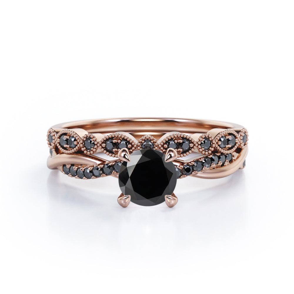 Milgrain Filigree Decorated 1.6 TCW Round Shaped Lab Created Black Diamond Twisted Pave Wedding Set in White Gold
