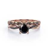 Milgrain Filigree Decorated 1.6 TCW Round Shaped Lab Created Black Diamond Twisted Pave Wedding Set in White Gold