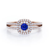 Double Halo 1.55 Carat Round Cut Sapphire And Diamond Split Shank Engagement Ring In Rose Gold