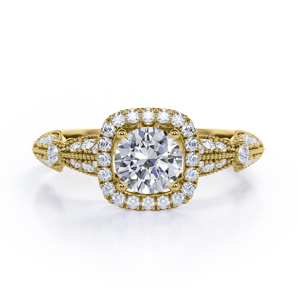 Antique Milgrain 1.35 Carat Round Cut Moissanite And Diamond Halo Engagement Ring In Rose Gold