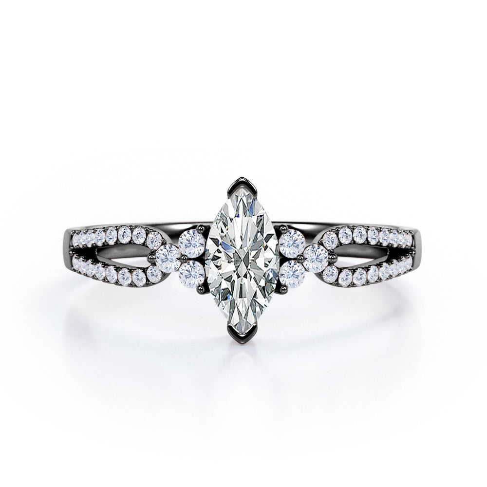 Affordable 1.45 Carat Marquise Cut Moissanite And Diamond Double Shank Engagement Ring In Rose Gold