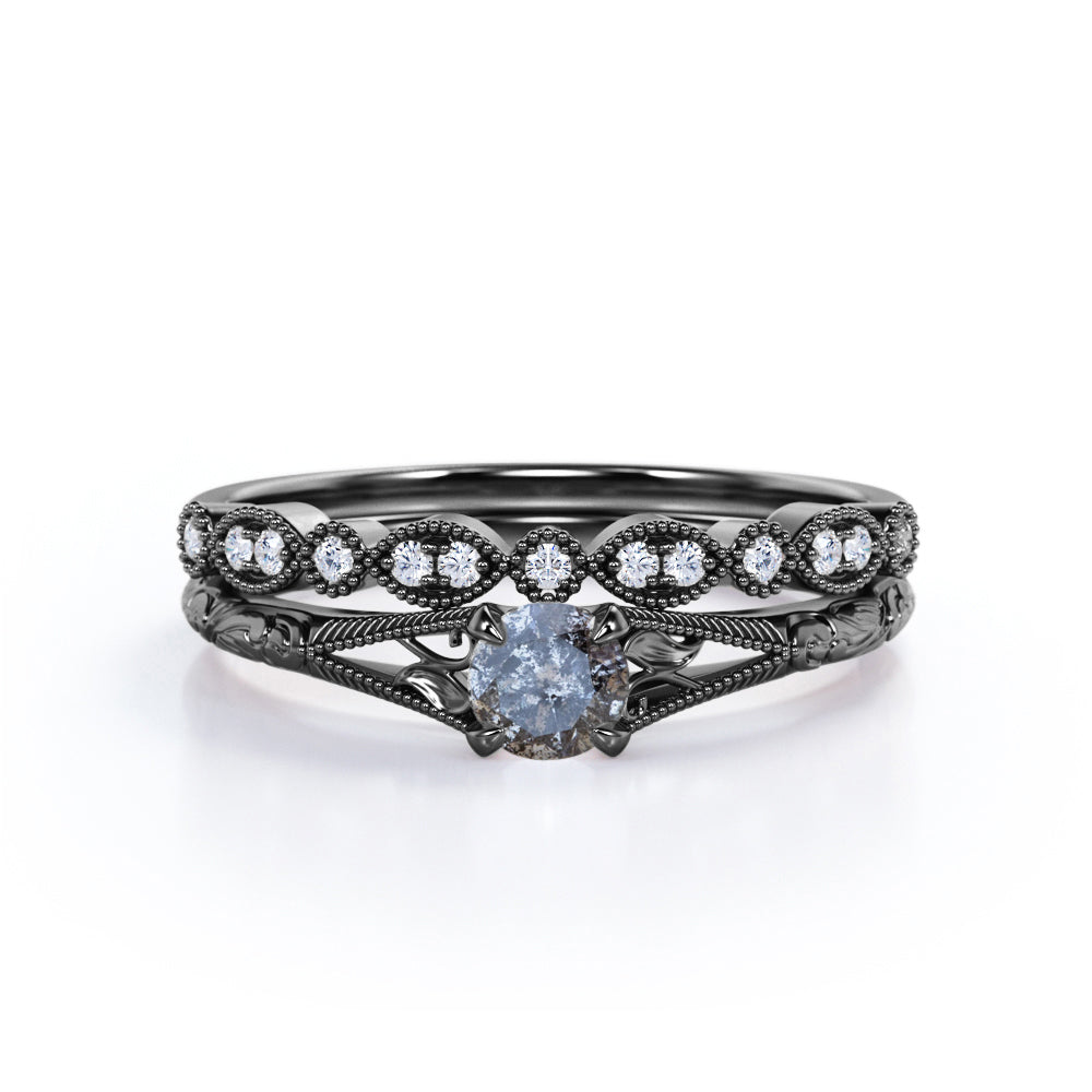 Leaf 0.75 Ct Round Salt and Pepper Diamond Wedding Ring Set