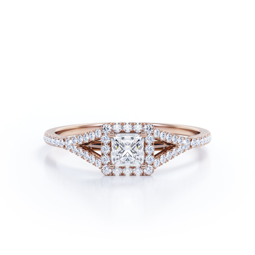 Women's Ring 1 carat Square Moissanite and Diamond Split Shank Engagement Ring in White Gold