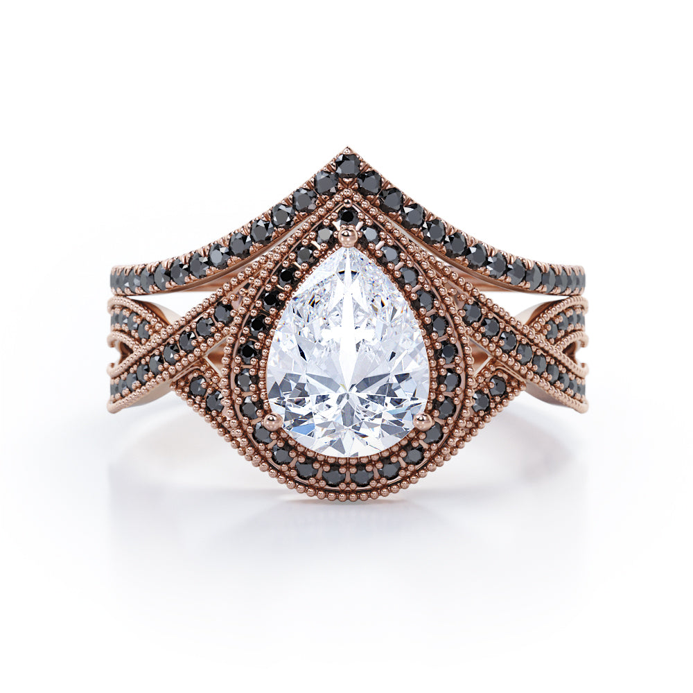 Milgrain Halo-Style 1.75 TCW Pear Cut Moissanite with Lab Created Black Diamond Pave Channel Wedding Ring Set in Black Gold