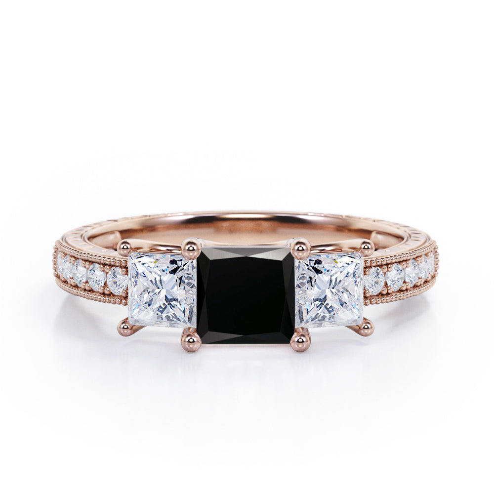 Past, Present and Future 1.25 Carat Princess Cut lab created Black Diamond Vintage Milgrain Engagement Ring In White Gold
