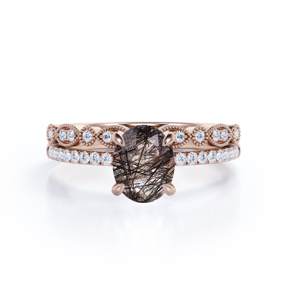 Classic Four Prong Solitaire 1.50 Carat Oval Cut Natural Druzy Black Rutilated Quartz and Diamond Art Deco Band Bridal Set Rings - Wedding Ring Sets for Women