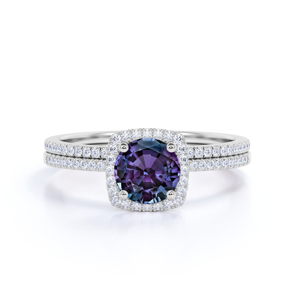 Simple Four Prong 1.75 Carat Round Cut Created Alexandrite and Diamond Halo Pave Bridal Set Rings for Women
