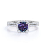 Simple Four Prong 1.75 Carat Round Cut Created Alexandrite and Diamond Halo Pave Bridal Set Rings for Women