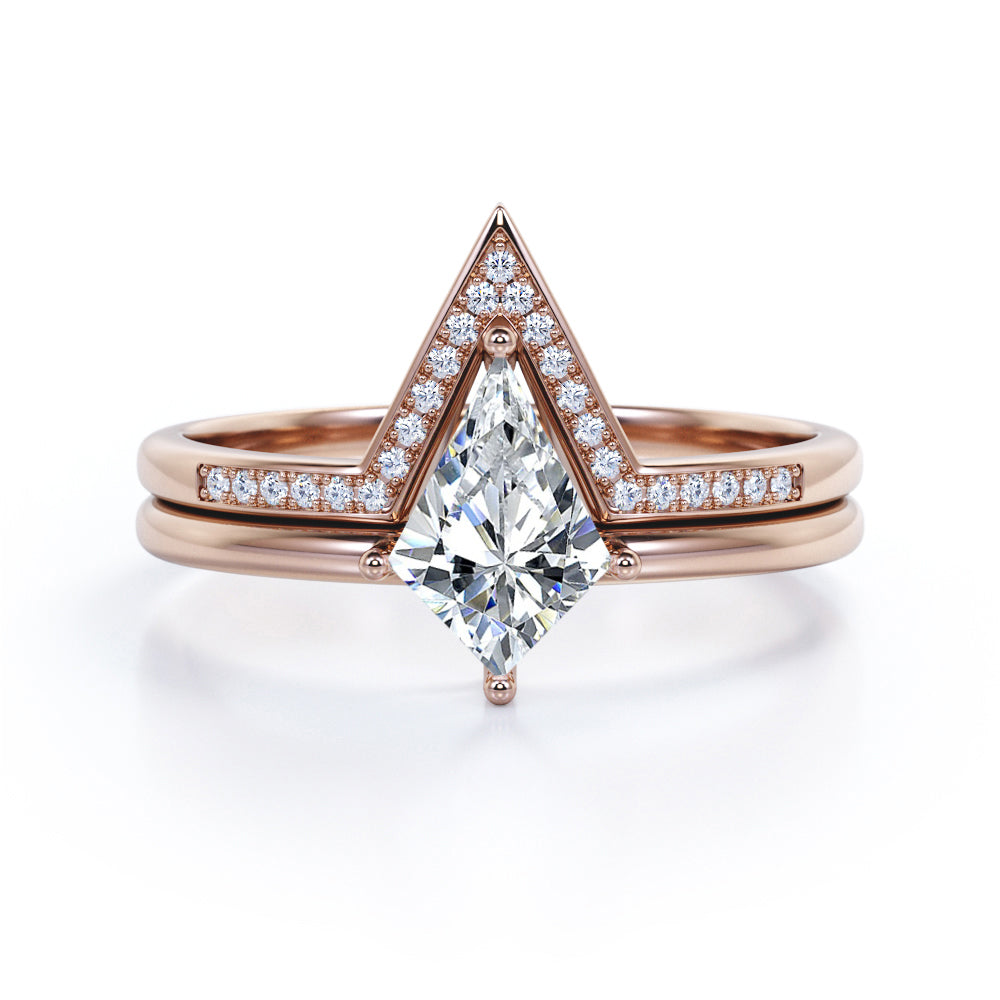 Classic Minimal 1.25 carat Kite Moissanite and Diamond Bridal Ring Set in White Gold