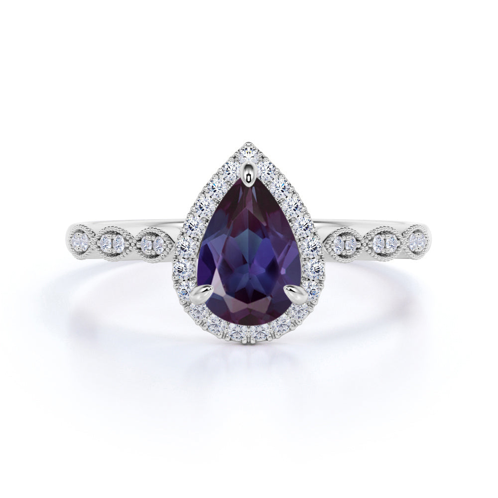 Bezel Halo 1.50 Carat Pear Shape Lab Created Alexandrite and Diamond Marquise Dot Art Deco Engagement Ring