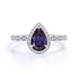 Bezel Halo 1.50 Carat Pear Shape Lab Created Alexandrite and Diamond Marquise Dot Art Deco Engagement Ring