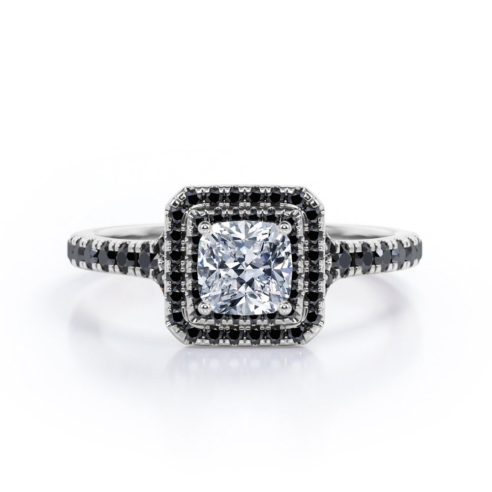 Double Halo Design - 1.45 TCW Princess Cut Moissanite with Lab Created Black Diamond - Engagement Ring with Pave Accents in Black Gold