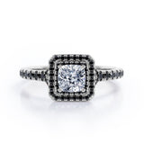 Double Halo Design - 1.45 TCW Princess Cut Moissanite with Lab Created Black Diamond - Engagement Ring with Pave Accents in Black Gold