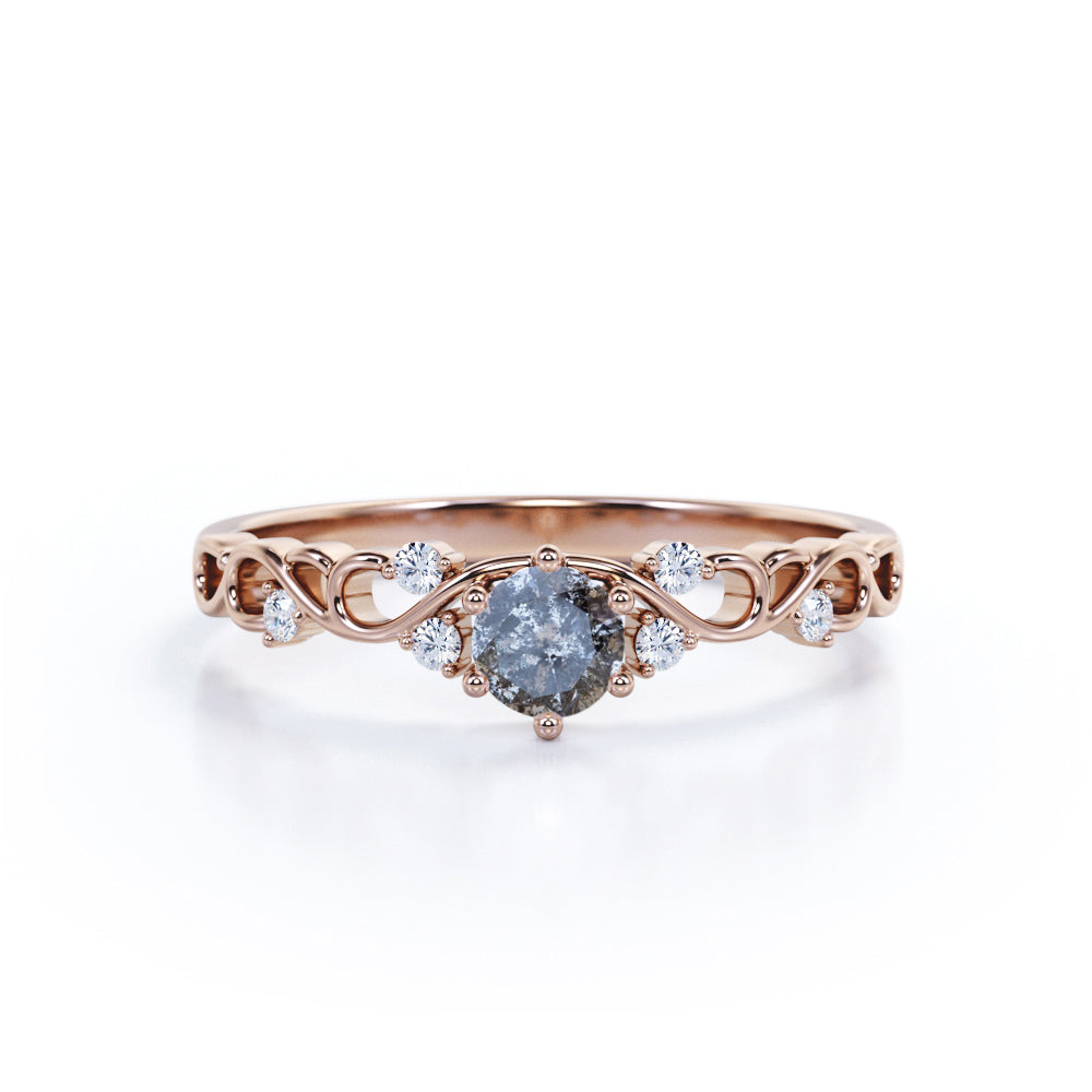 Leaf 0.60 Ct Round Salt and Pepper Diamond Engagement Ring