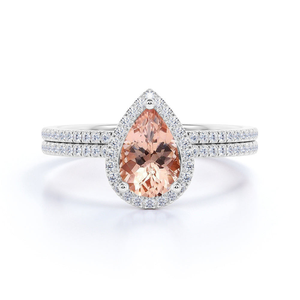 Classic 1.5 Carat Pear Cut  Peach Morganite and Diamond Bridal Set with Matching Wedding Band in 10k Rose Gold