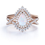 Antique 1.75 Ct Pear Cut Lab Created Opal Bridal Set