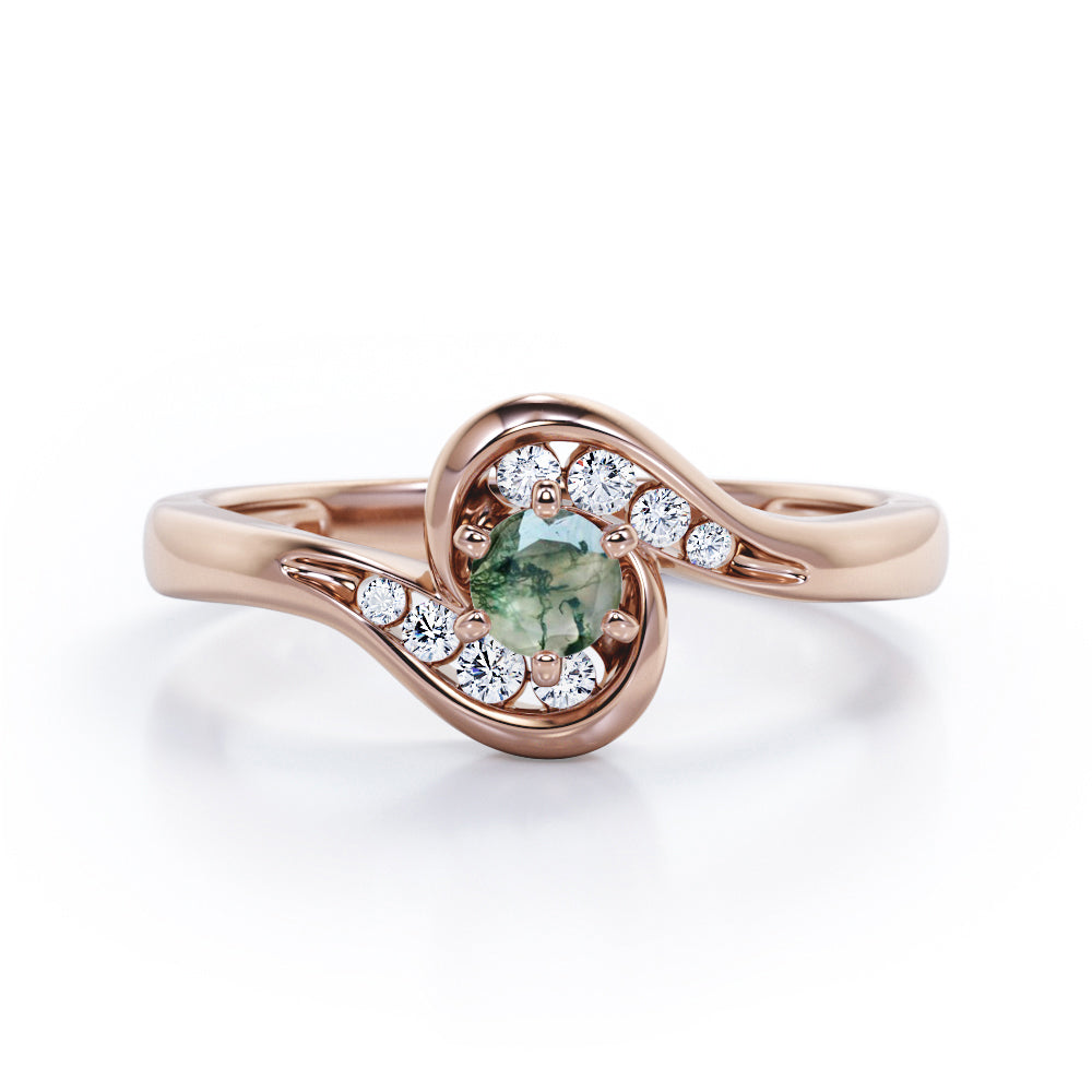 Whirly Gemstone 0.55 carat Round Green Moss Agate and Moissanites Artistic Engagement Ring in White Gold