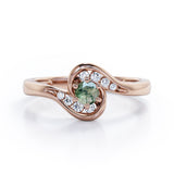 Whirly Gemstone 0.55 carat Round Green Moss Agate and Moissanites Artistic Engagement Ring in White Gold