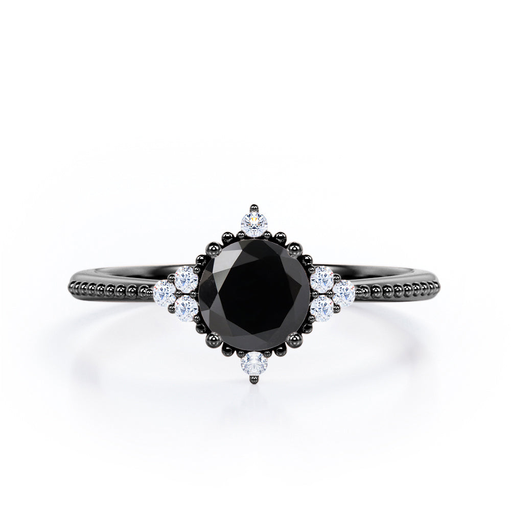 Antique Milgrain Line 0.5 carat Round Black Diamond Engagement Ring in Rose Gold