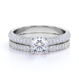 1.5 Carat Round Cut Moissanite Wedding Set - Bridal Set - Two Row Ring - Cluster Ring - 18k White Gold Over Silver